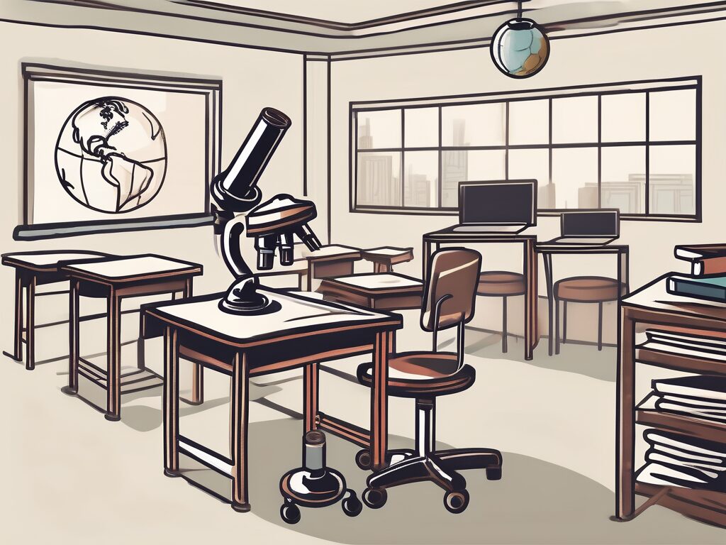 A classroom setting with various educational tools such as books