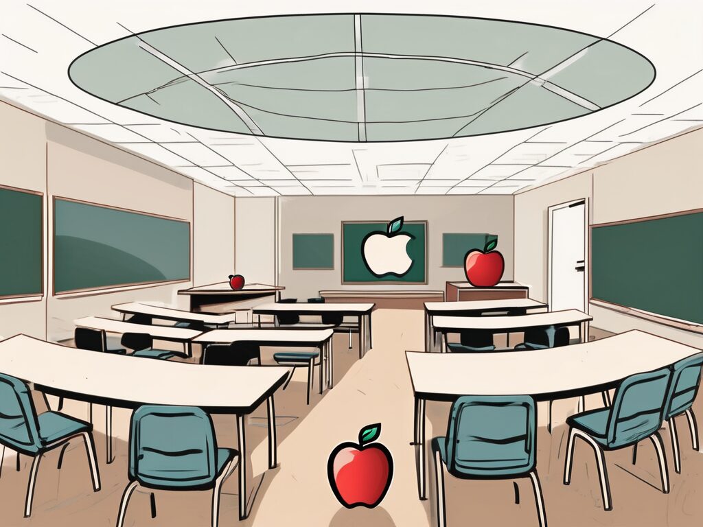 A classroom setting with empty desks arranged in a circle