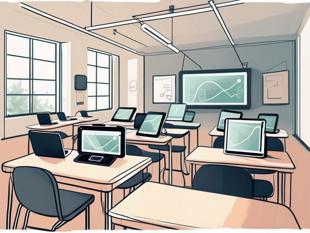 A classroom environment with various digital devices like tablets