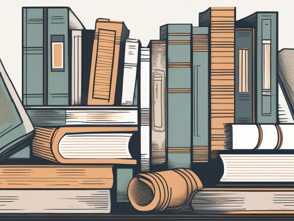 A diverse collection of academic books linked by chains