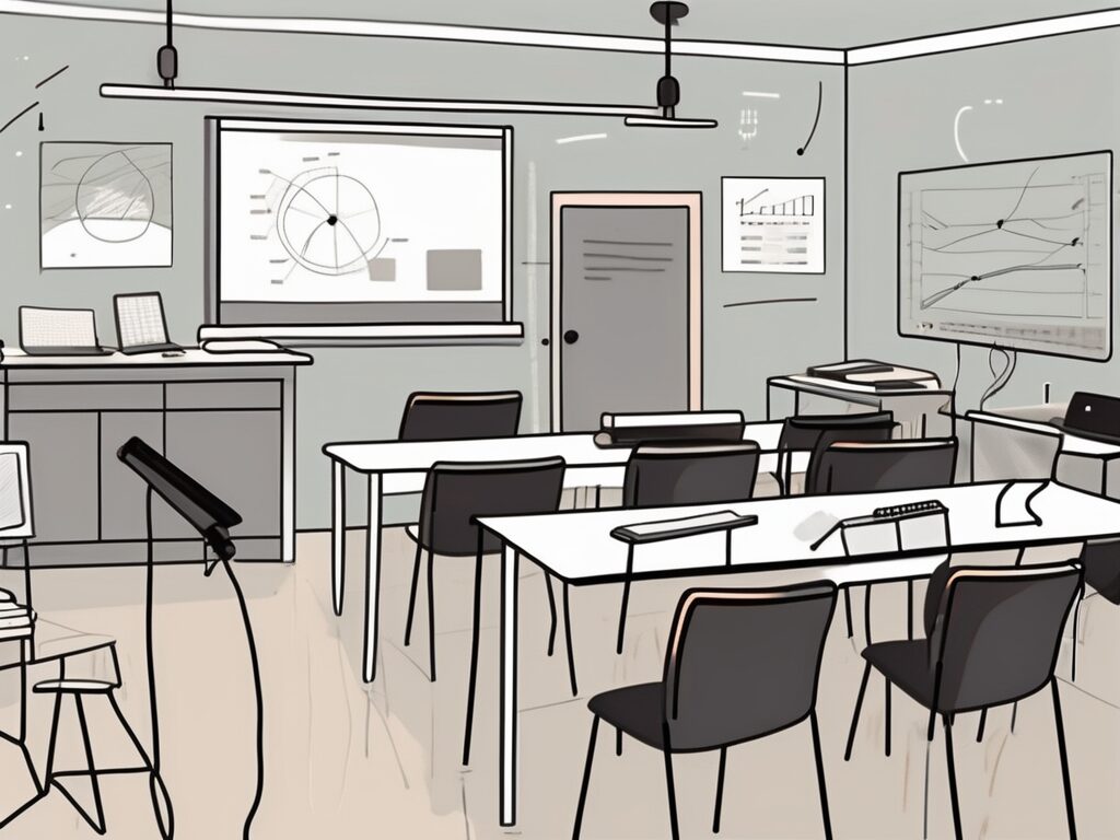 A classroom setting with various communication tools like microphones