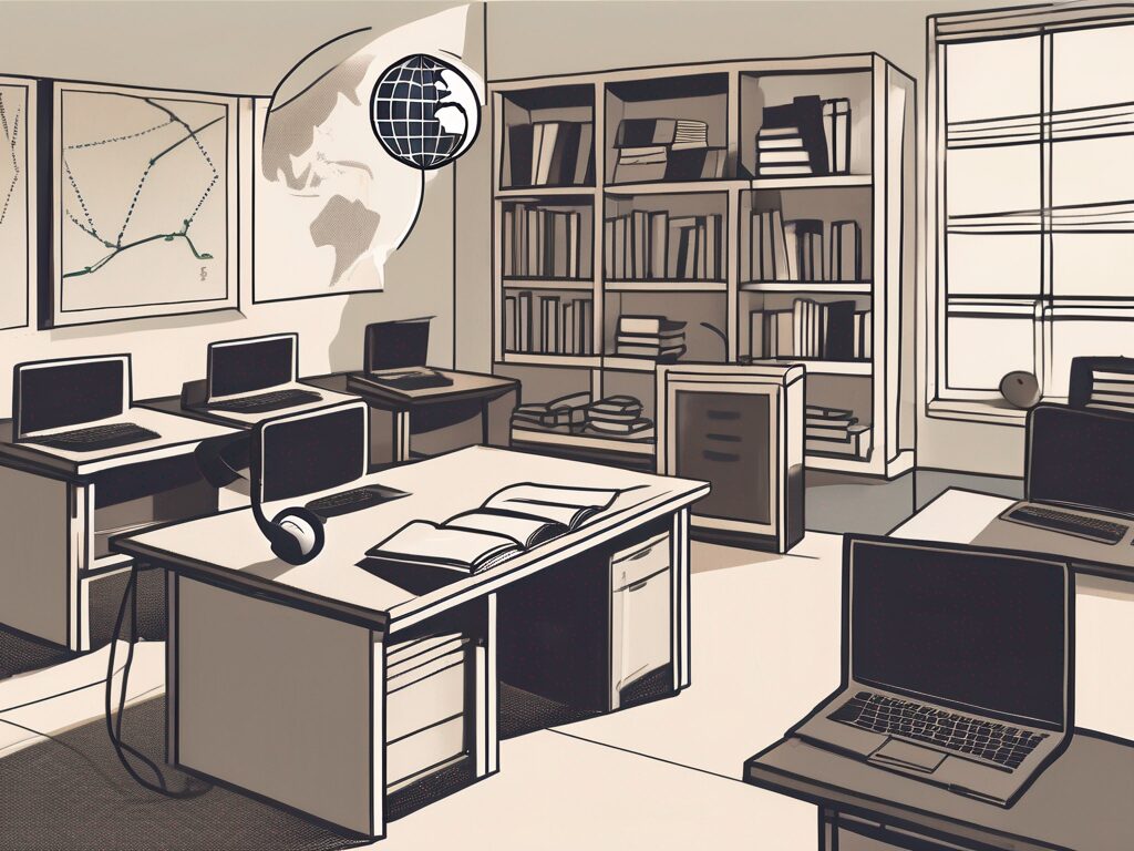 A classroom setting with various educational tools such as books