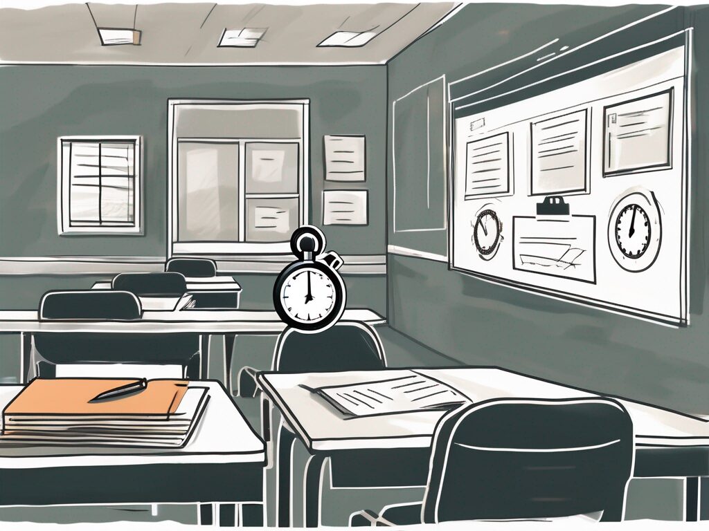 A classroom setting with highlighted elements such as a report card