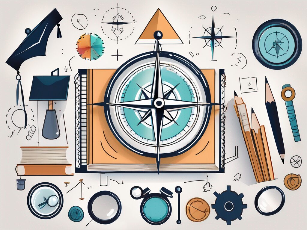 A compass surrounded by various educational tools like books