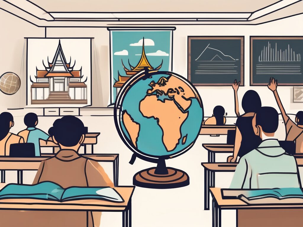 A classroom setting with a globe