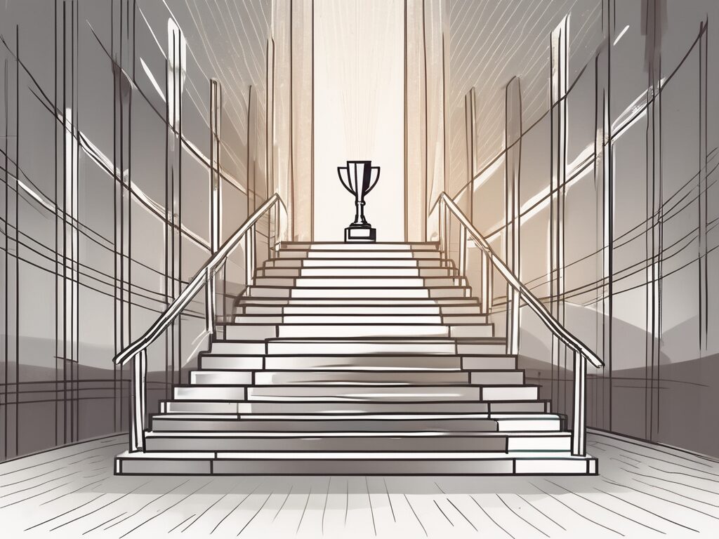 A staircase leading up to a shining trophy