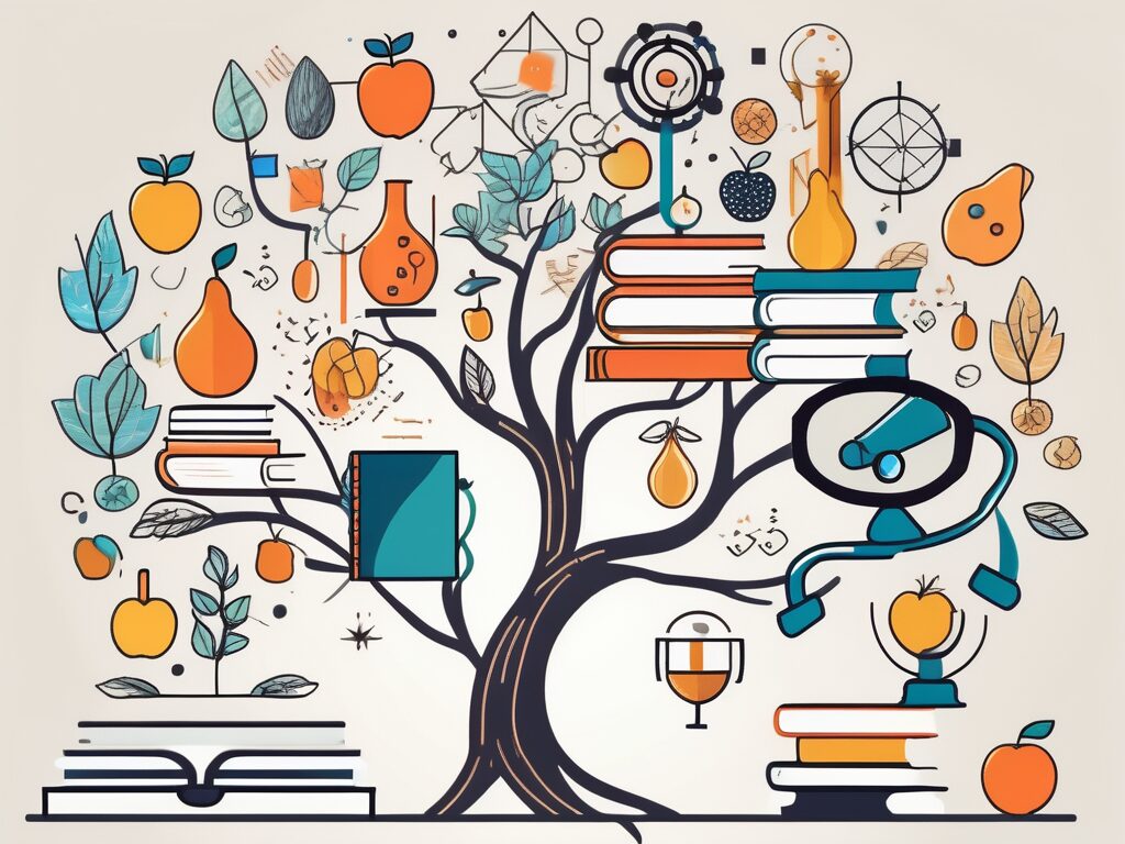 A tree with various educational symbols like books