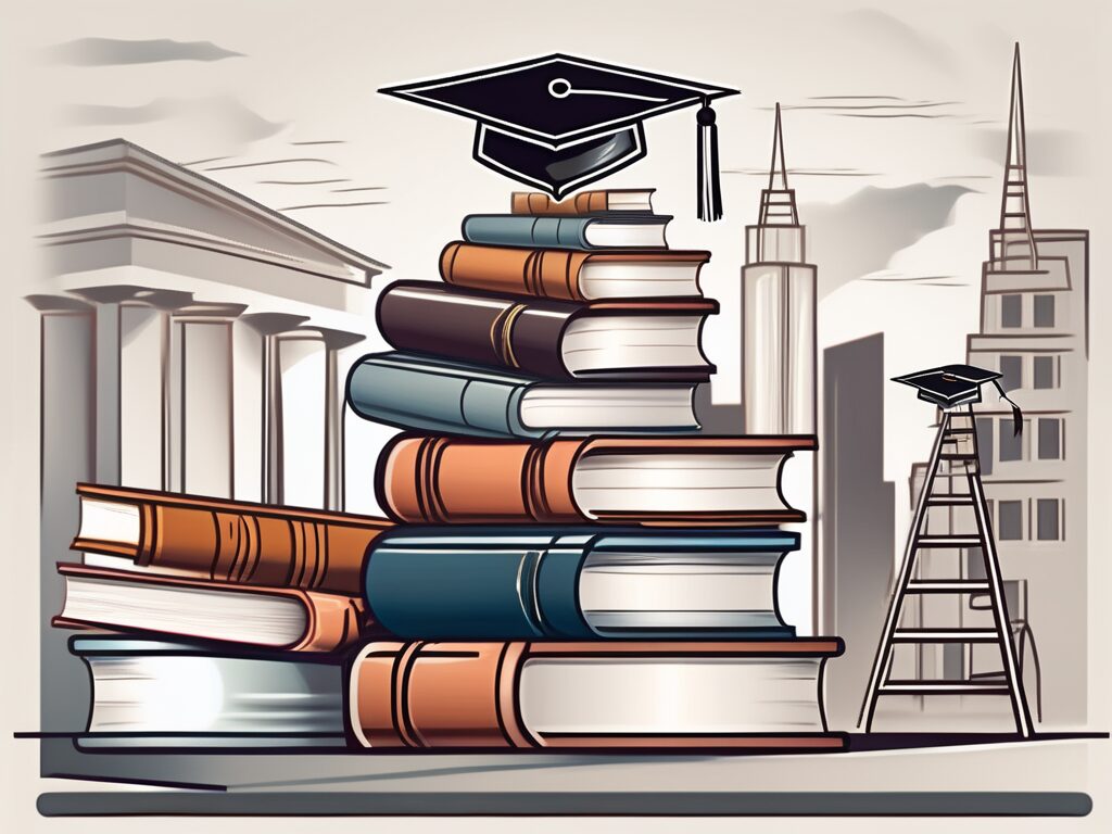 A stack of books with a graduation cap on top