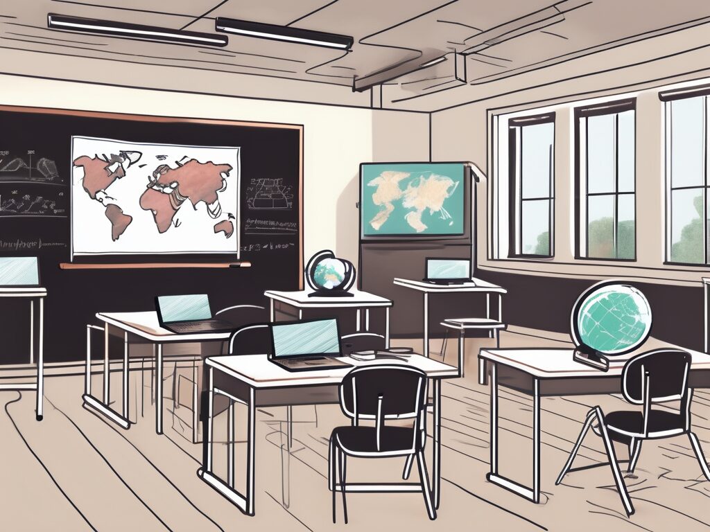A classroom setting with desks and chairs