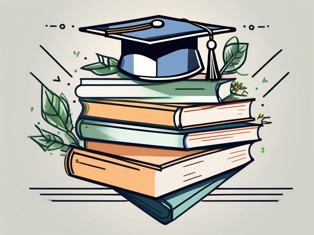 A stack of books with a graduation cap on top