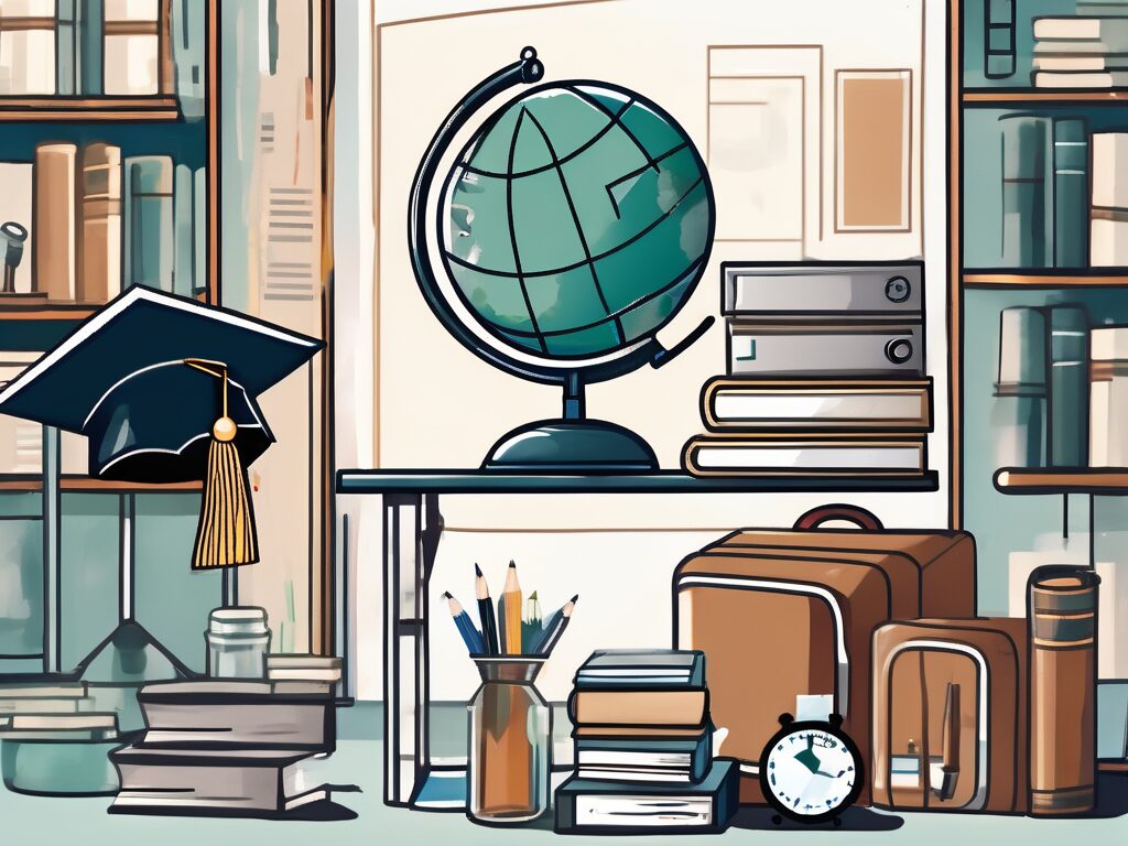 A classroom setting with six distinct elements such as a globe