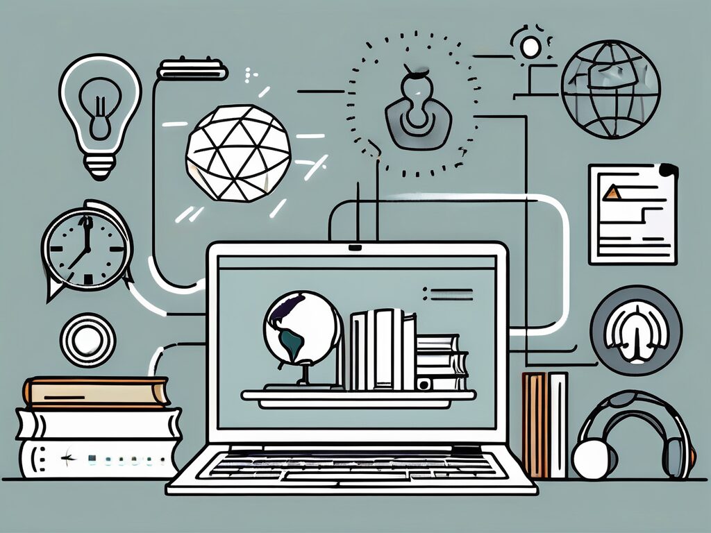 A laptop displaying various icons representing the features of ipgce online education