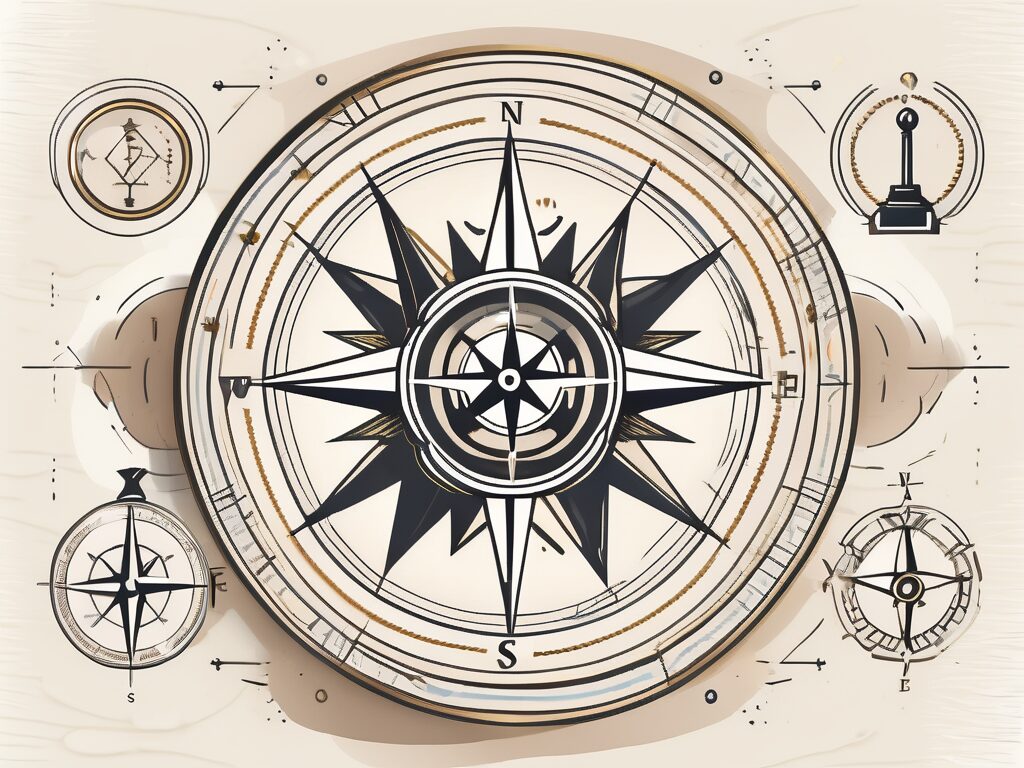 A compass surrounded by nine symbolic icons
