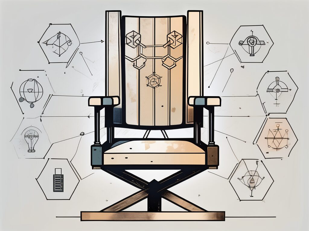 A symbolic director's chair with eight key-shaped symbols around it