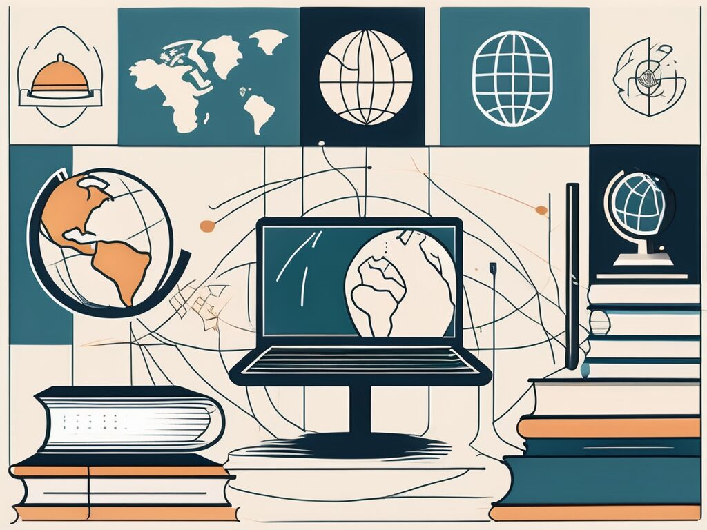 Seven different educational tools or symbols (like books