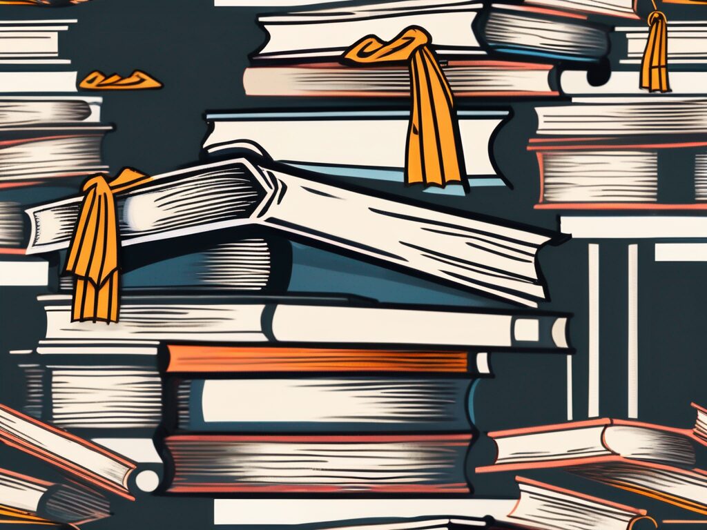 A towering stack of books with a graduation cap on top