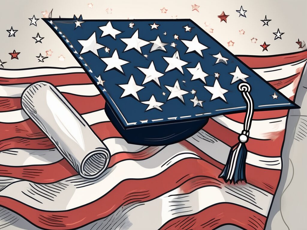 A graduation cap and diploma resting on top of an american flag