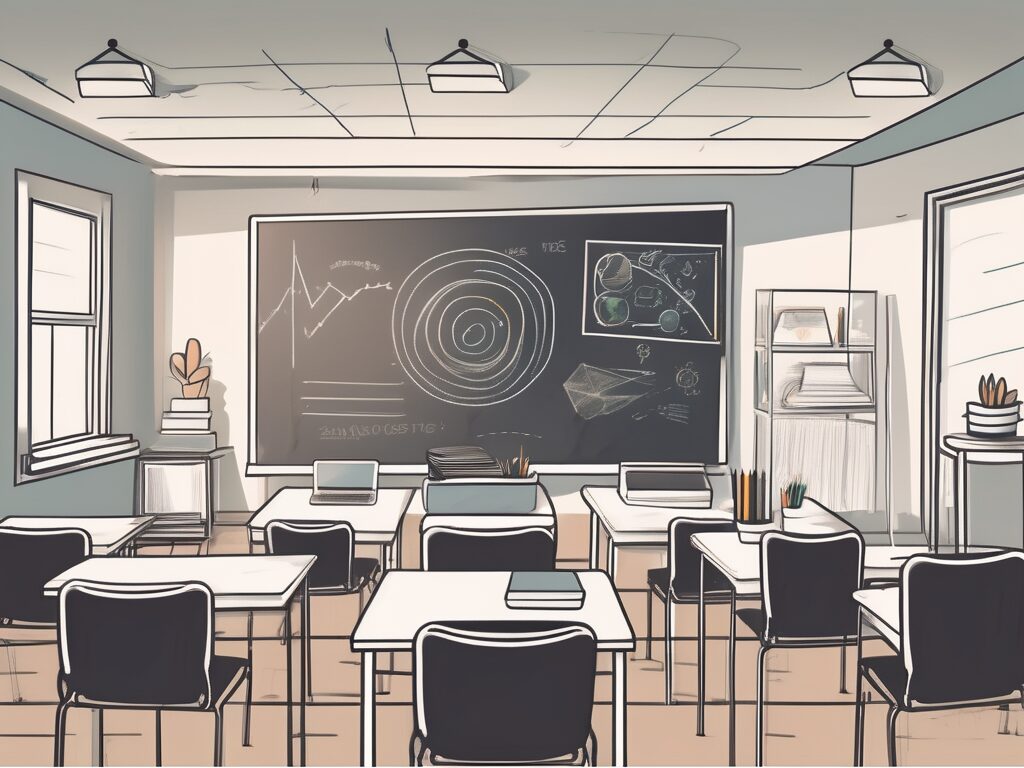 A classroom setting with various teaching tools such as a chalkboard