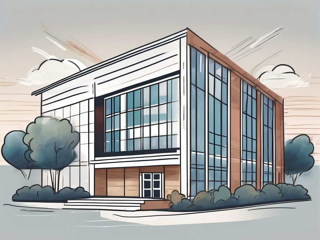 A school building with various administrative elements like a clock