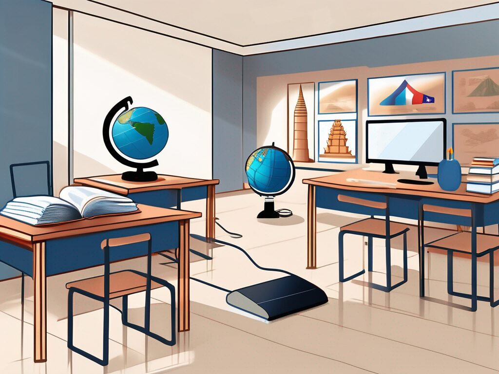 A classroom setting with diverse educational tools like books
