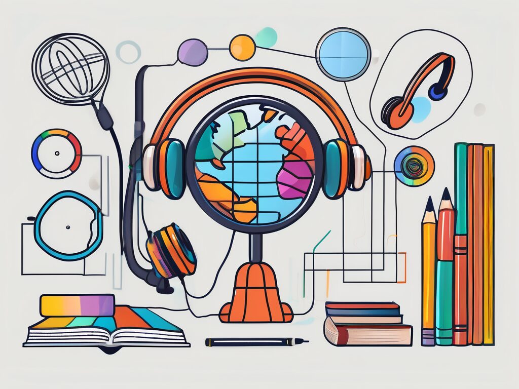 Various educational tools like a magnifying glass