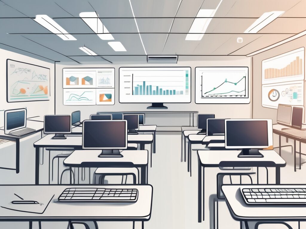 A digital classroom setting with various technological tools such as tablets