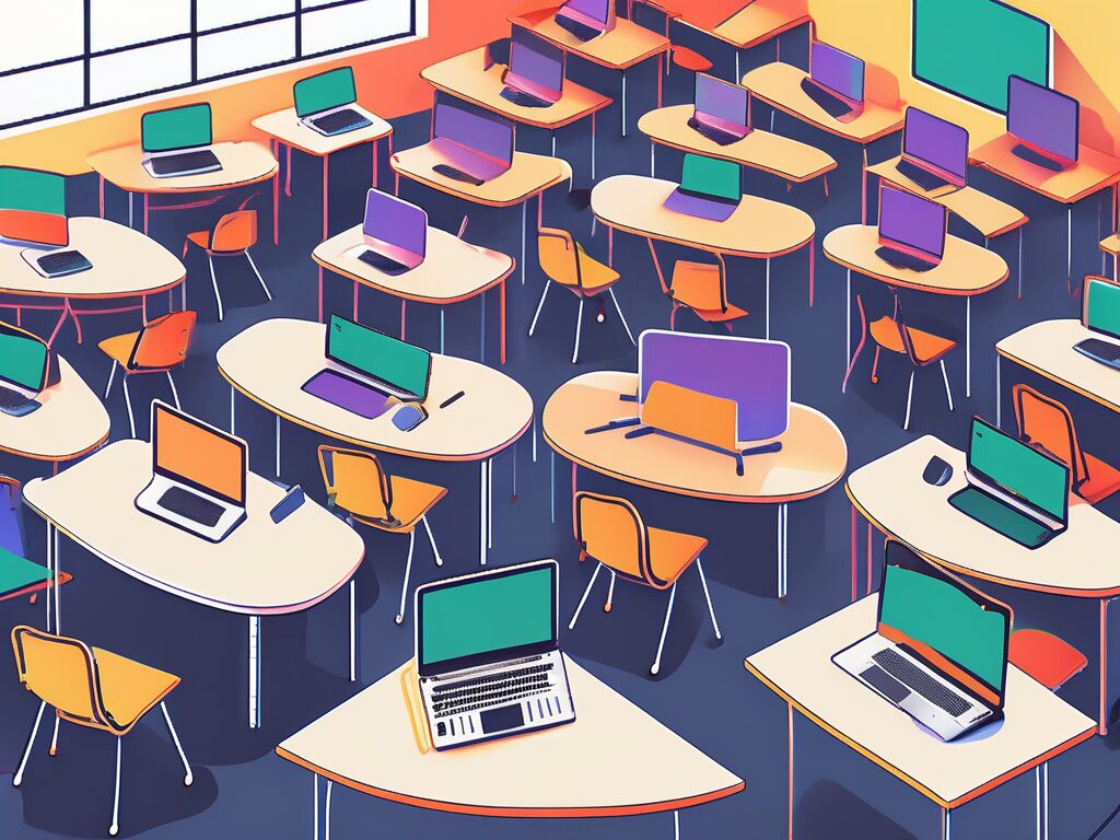 A vibrant classroom scene with desks arranged in a circular pattern