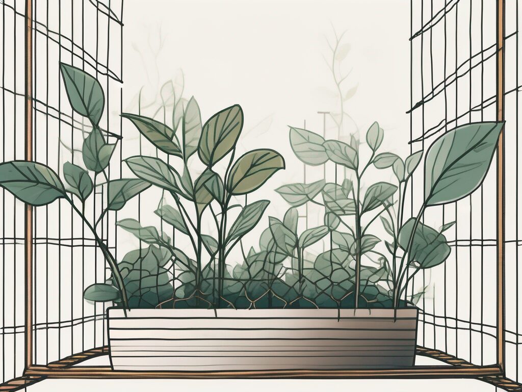 A growing plant being supported by a trellis