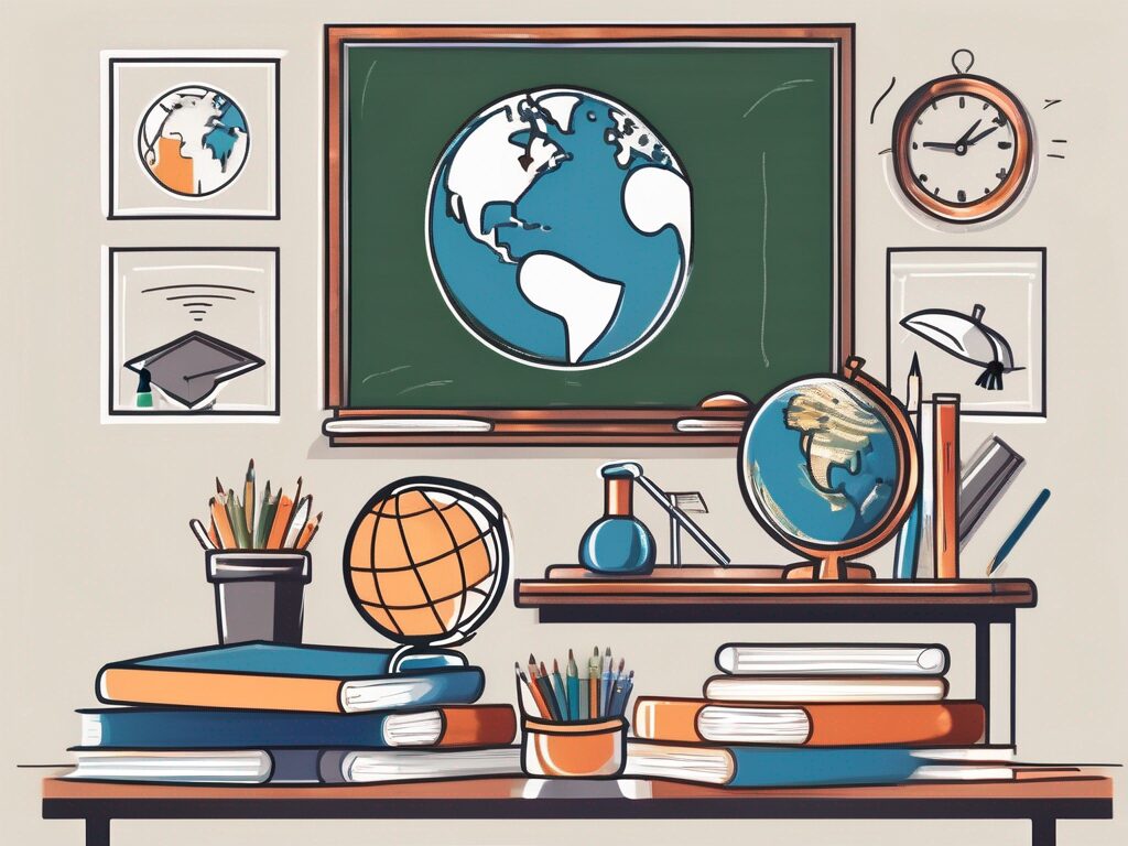 A classroom setting with various educational tools like books