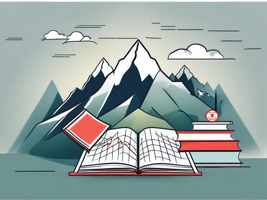 A classroom setting with various symbolic elements such as a steep mountain to represent challenges