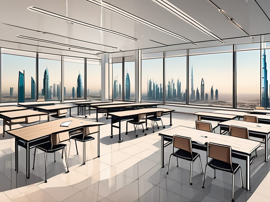 A diverse array of school desks equipped with advanced technological devices