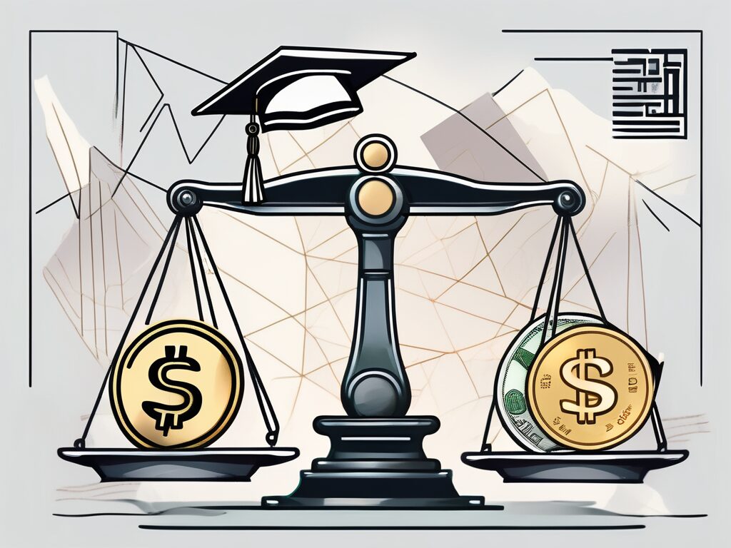 A symbolic balance scale with a graduation cap on one side and a stack of singaporean currency on the other