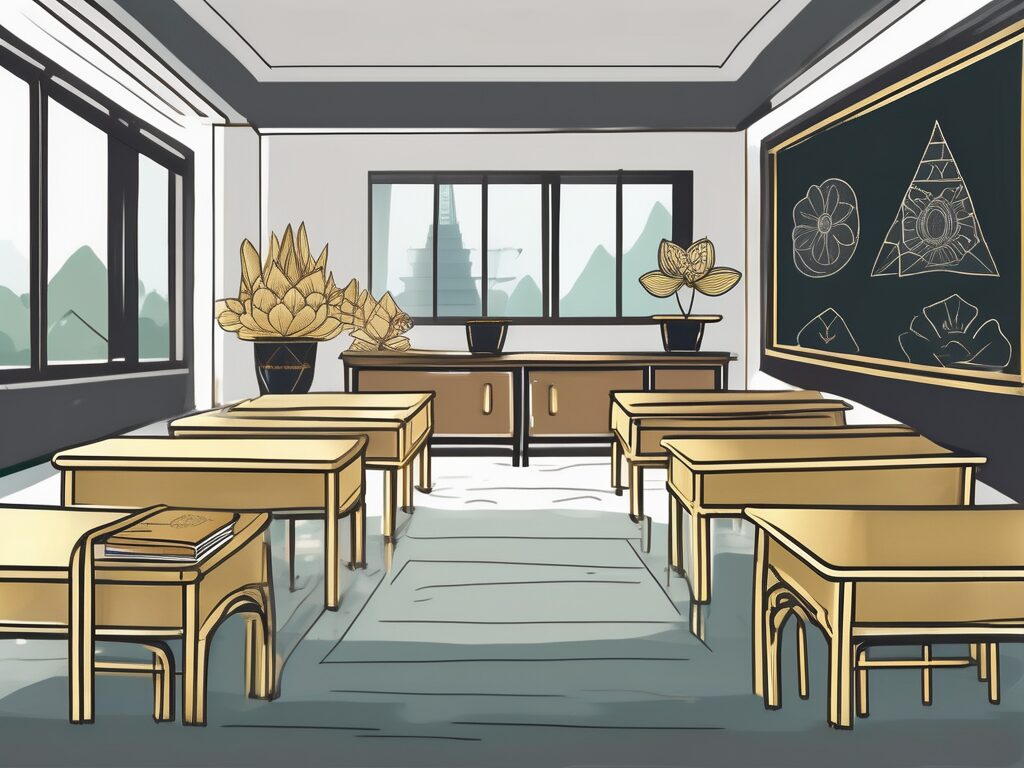A classroom setting with a chalkboard