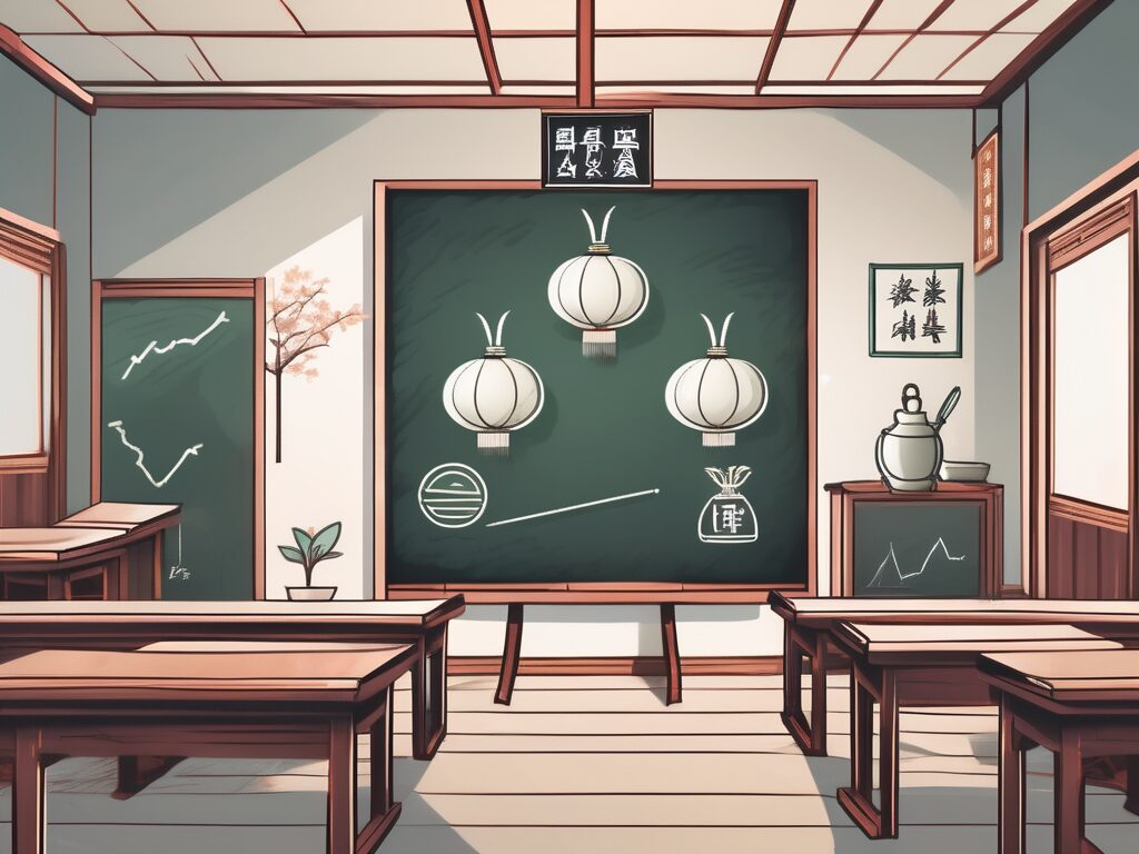 A traditional chinese classroom setting with a chalkboard displaying four distinct symbols or icons representing salary