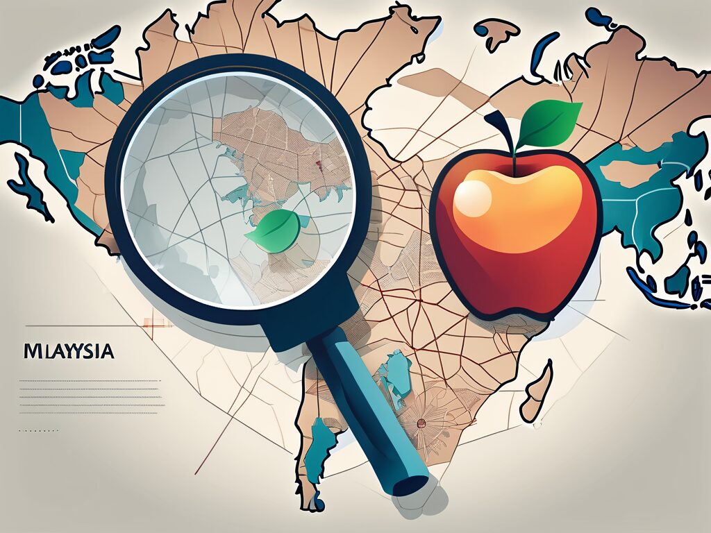 A magnifying glass hovering over a stylized map of malaysia