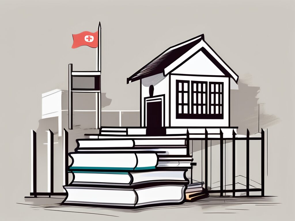 A thai schoolhouse with a broken down barrier in front