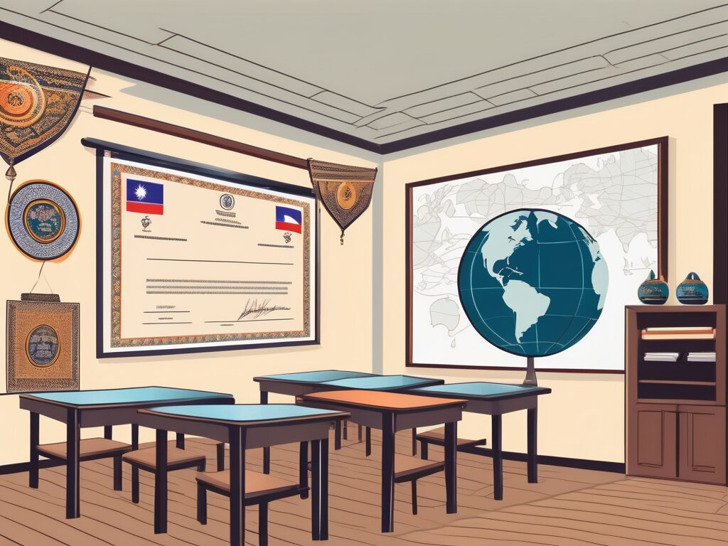 A thai classroom setting with an iqts (international qualified teacher status) certificate hanging on the wall