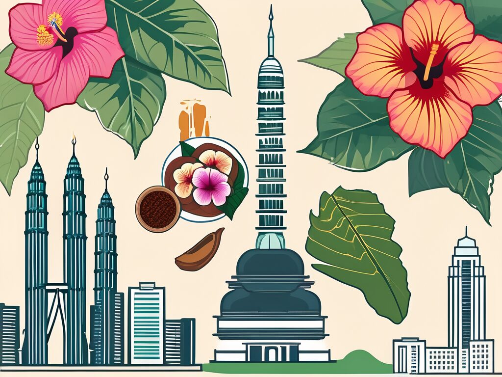 A collage of malaysian cultural symbols such as the petronas towers