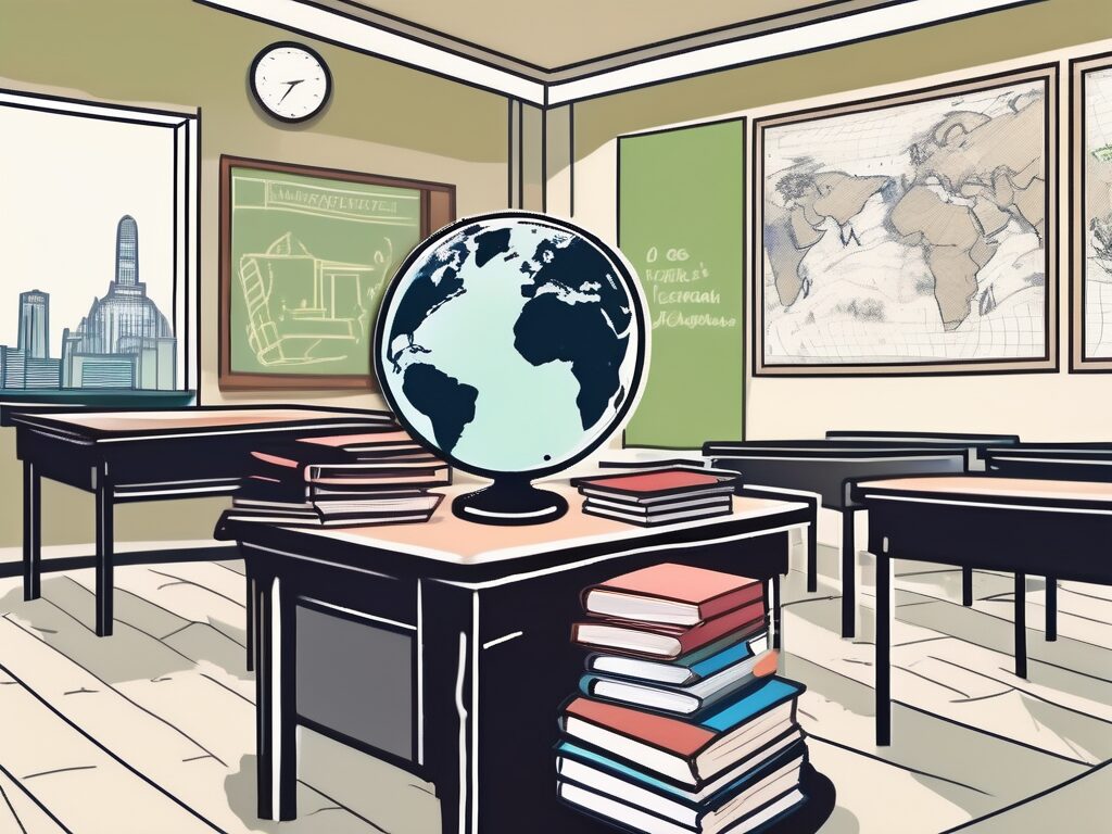 A classroom setting with scattered textbooks