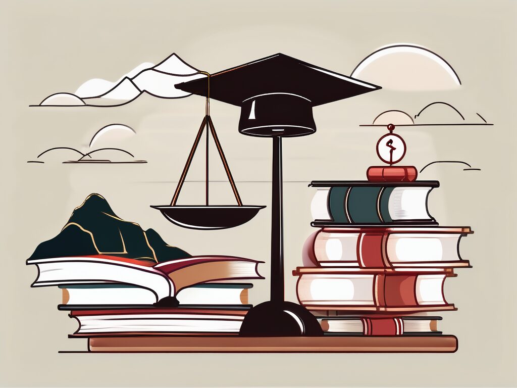 A balanced scale with books on one side and a graduation cap on the other