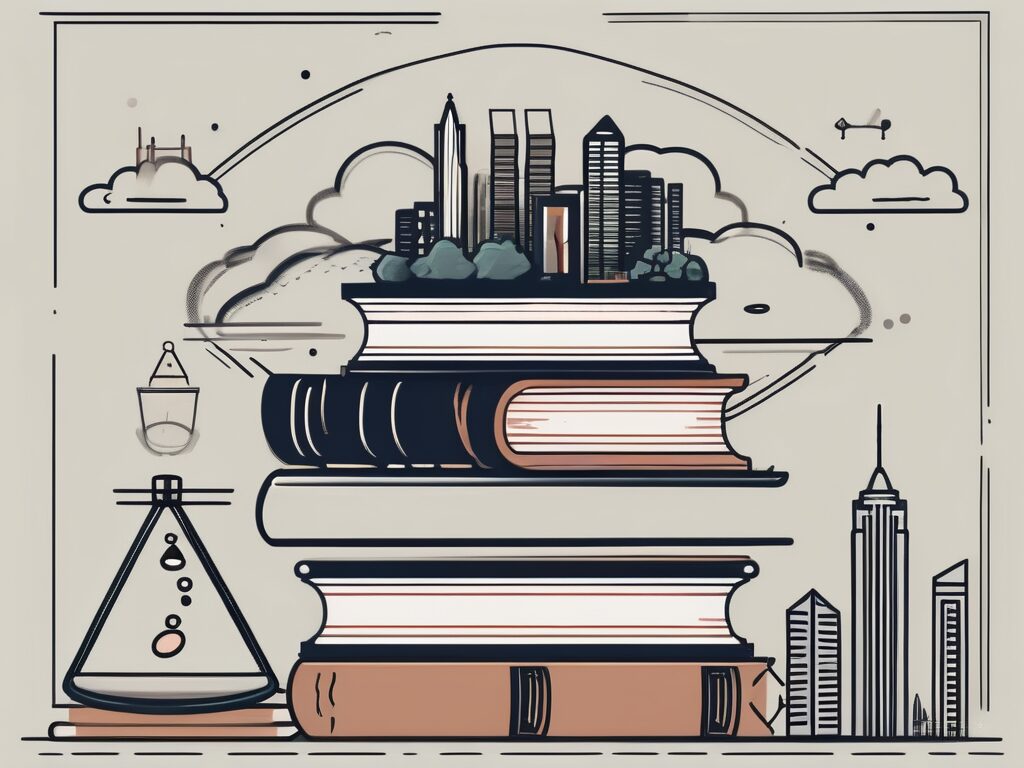 A balanced scale with books on one side and a silhouette of singapore's skyline on the other