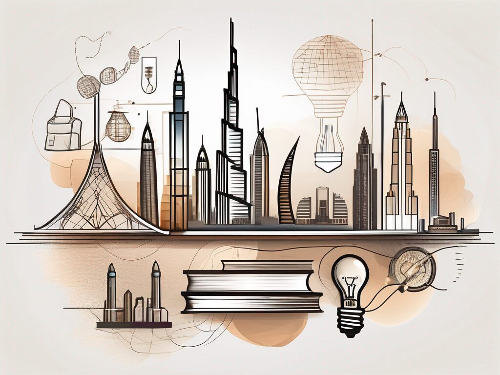 Dubai's iconic skyline with various educational symbols like books