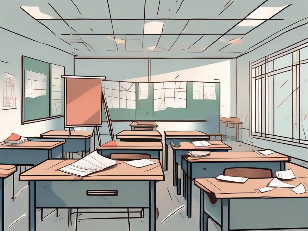 A classroom setting in china with scattered papers