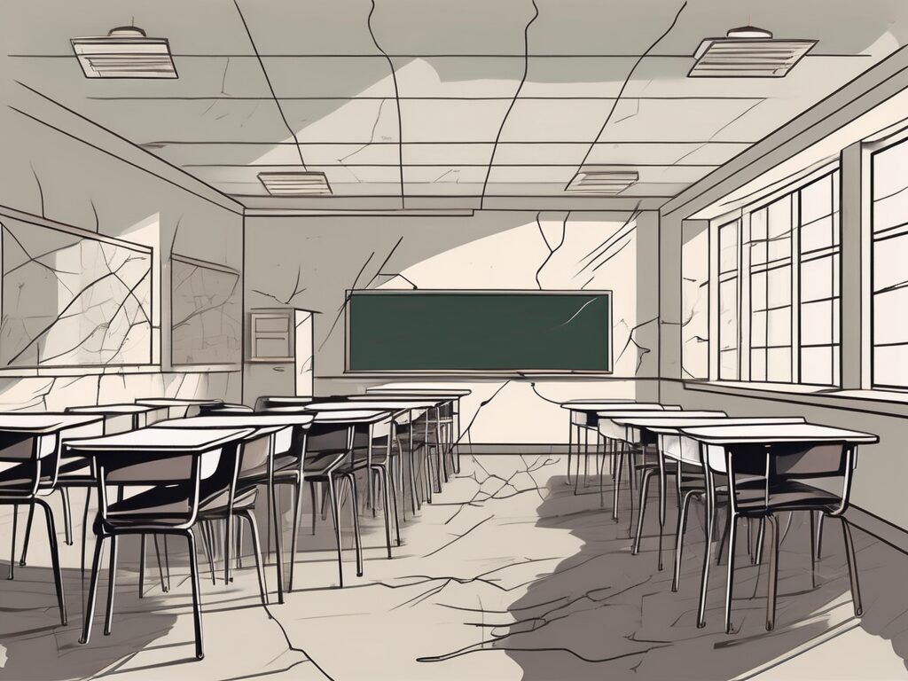 A classroom with empty desks representing the education system