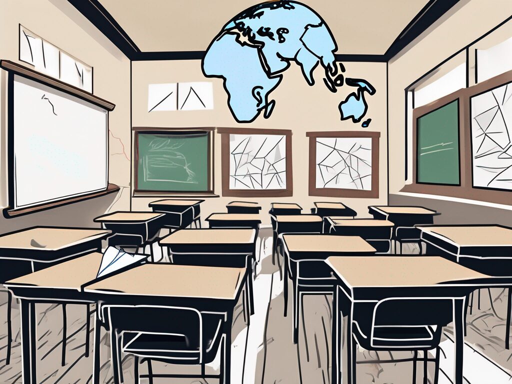 A classroom with broken desks and chairs