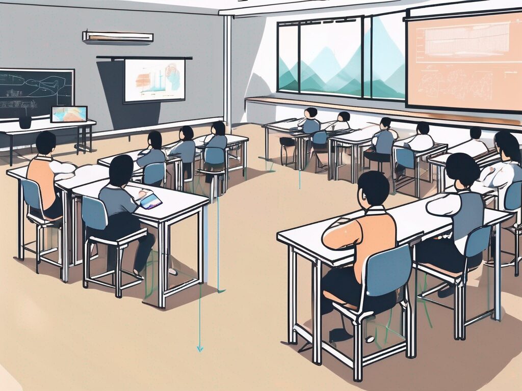 A classroom setting in china with an iqts (interactive quality teaching system) in the foreground
