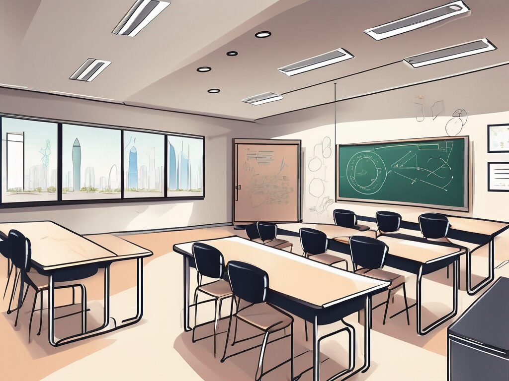 A classroom setting in dubai with an iqts (interactive quality teaching strategies) board and various teaching tools scattered around