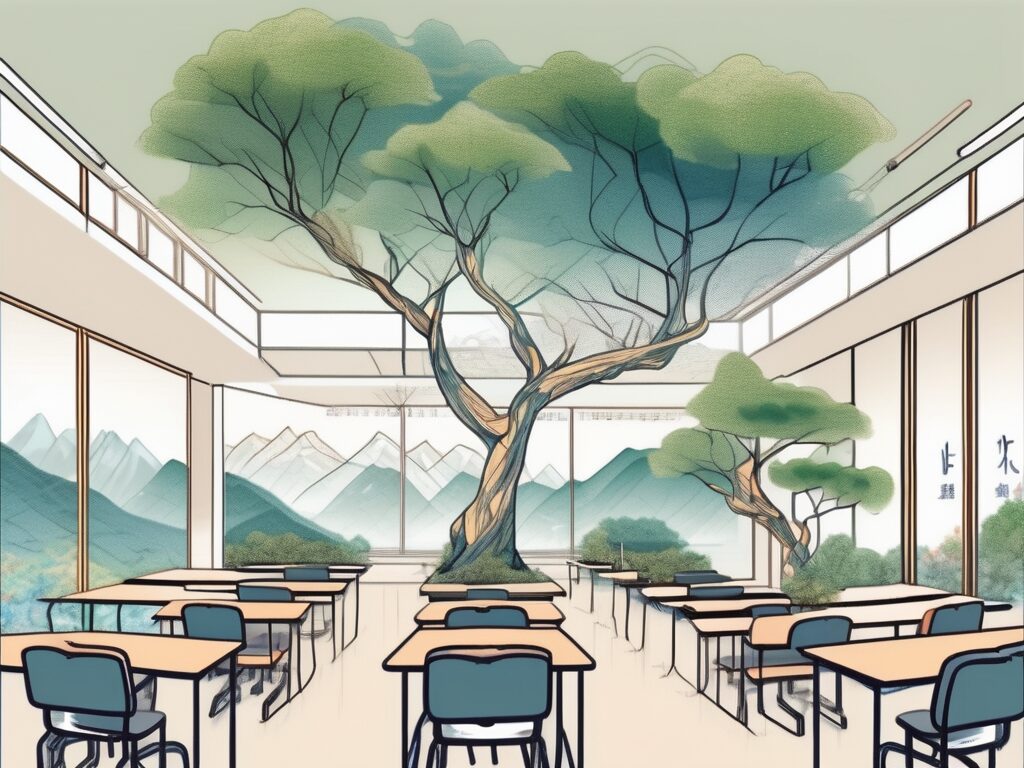 A classroom setting with an interactive quantum teaching system (iqts) amidst various environmental elements like trees