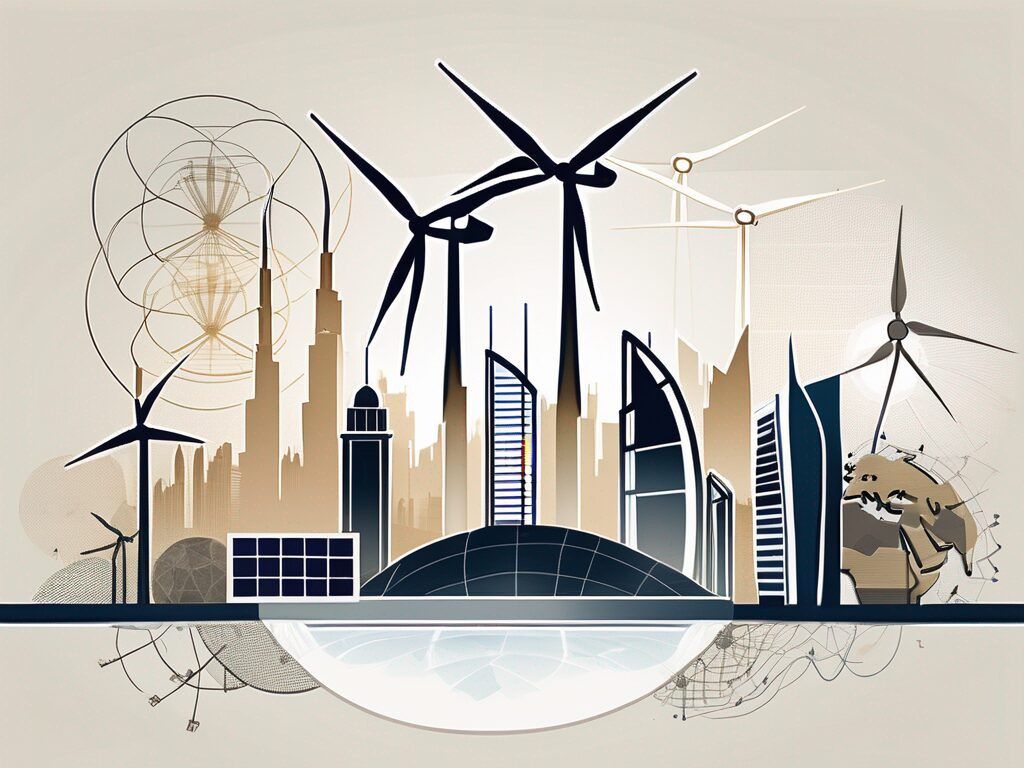 The dubai skyline with environmental elements such as wind turbines and solar panels