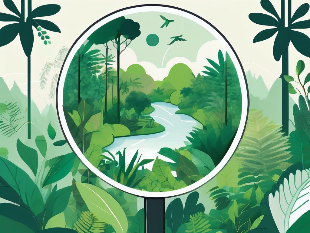 A lush malaysian rainforest with various symbols of environmental education